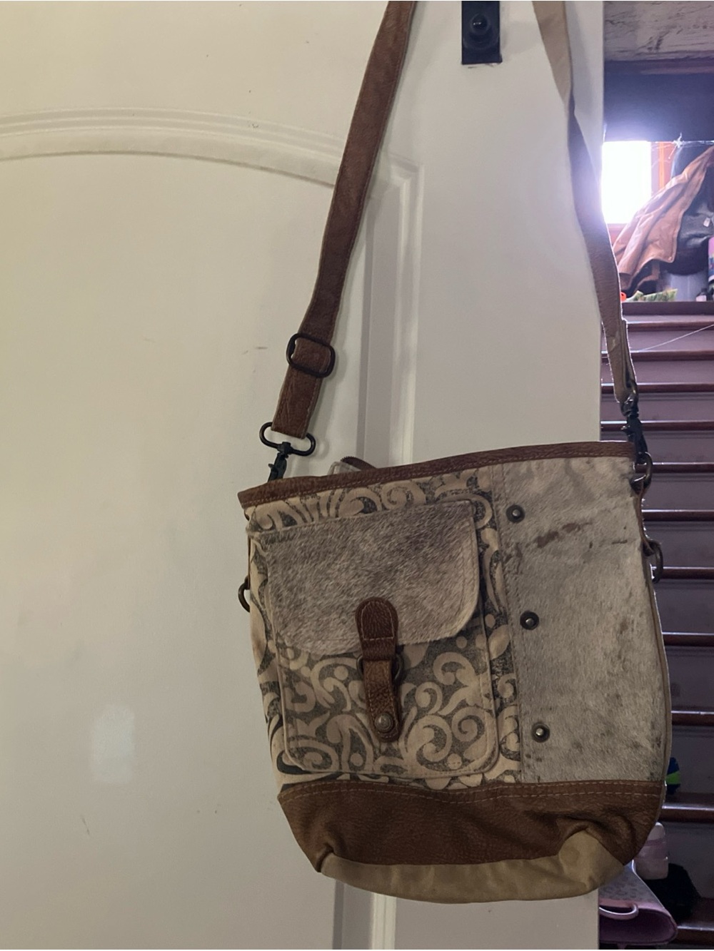Myra Bag Brown and Cream Patterned Crossbody with Leather Trim